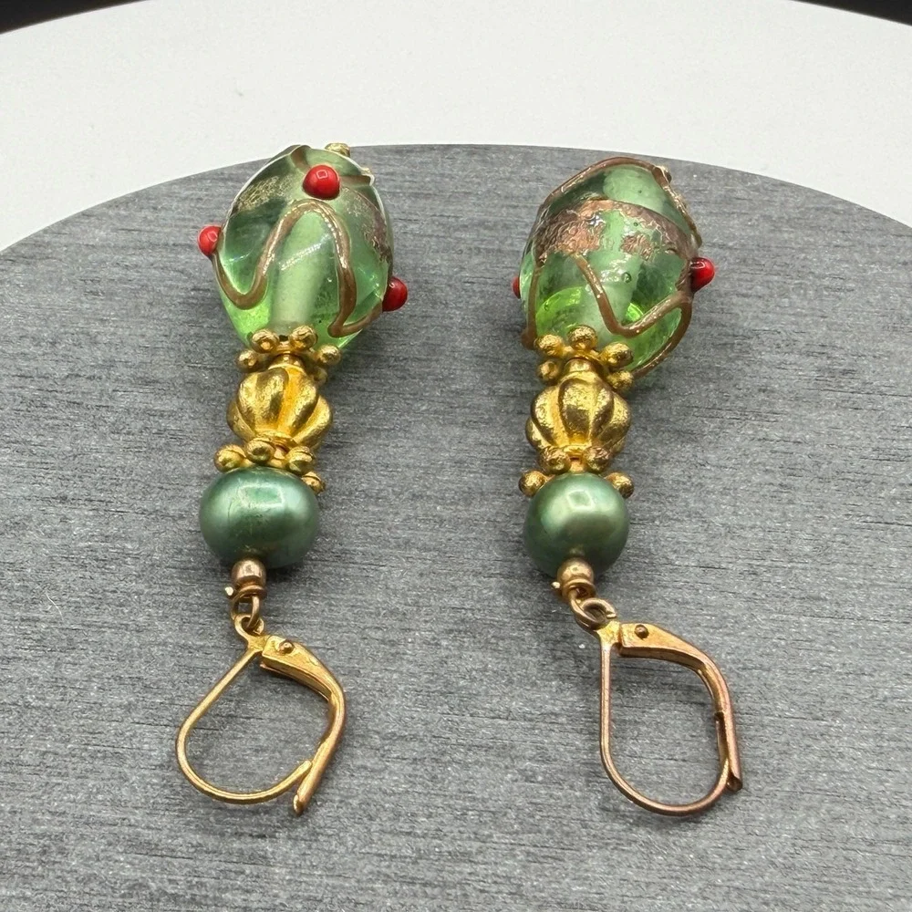Green Lampwork Glass Bead Dangle Earrings Gold Tone Leverback Statement Boho